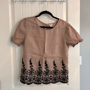 J. Crew Embroidered Linen Short Sleeve Shirt with Scalloped Hem Size 4